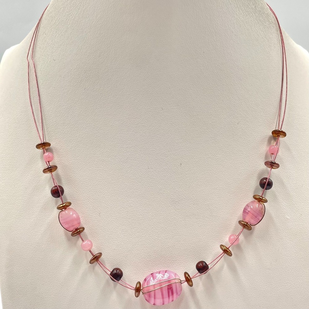 Vintage Y2K Pink Glass Illusion Necklace Floating Beaded Cord Mixed Stone Boho
